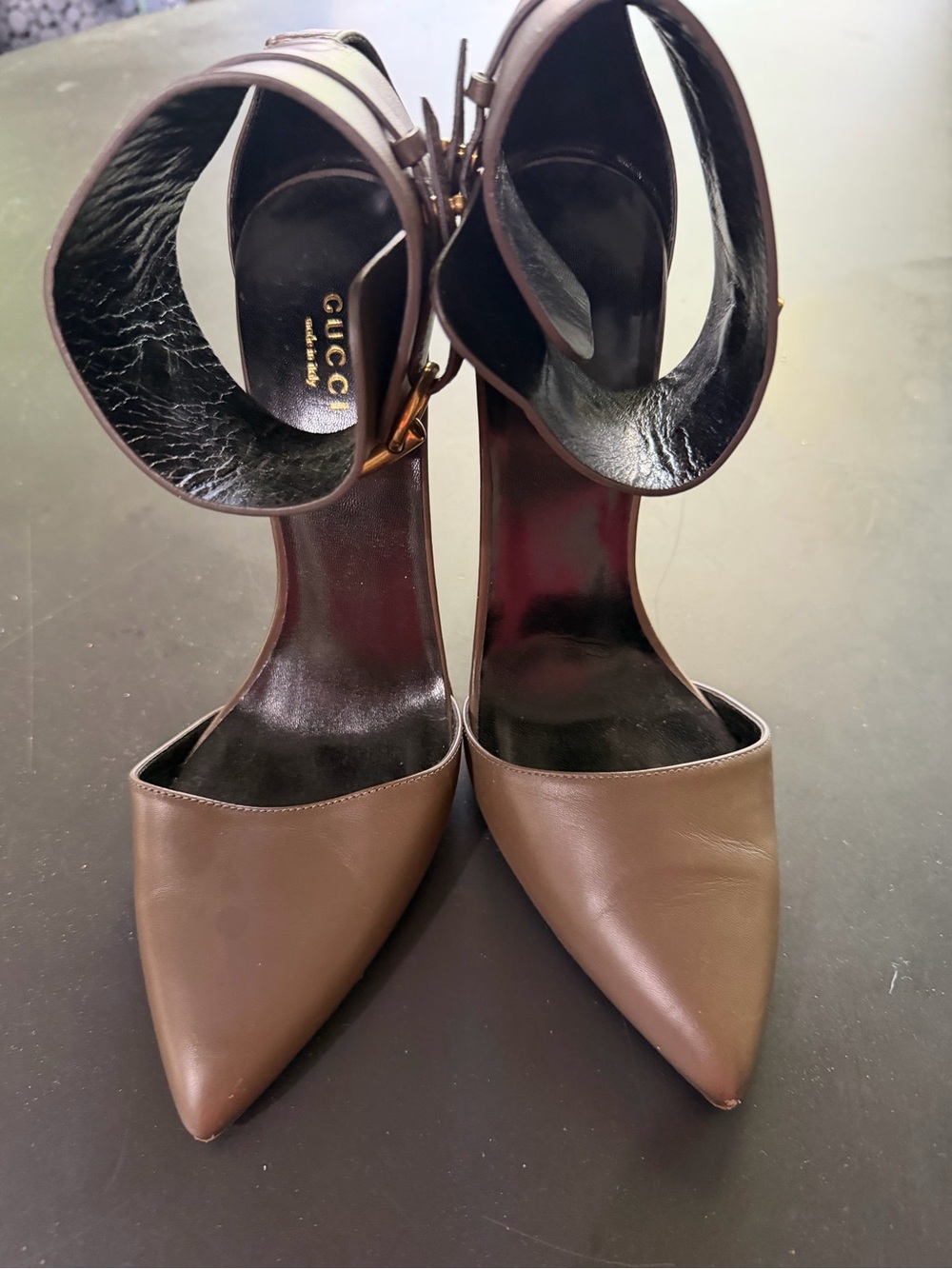 Gucci Taupe Leather Pointed Toe Ankle-Strap Stiletto Heels - Picture 11 of 11